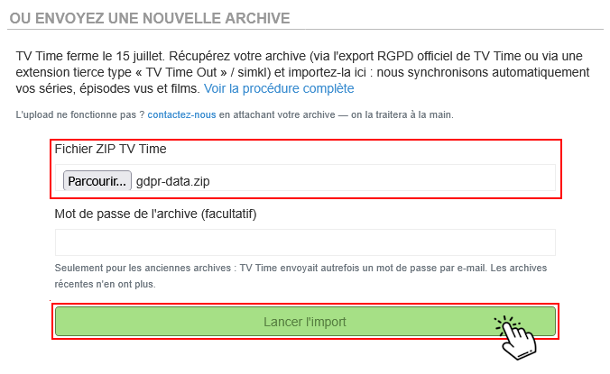 Importation d'une archive TV Time au format ZIP dans BetaSeries