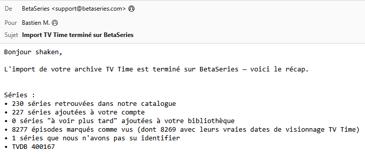 E-mail de confirmation de l'importation des données TV Time dans BetaSeries